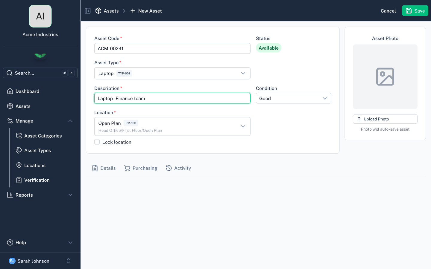 Add asset form