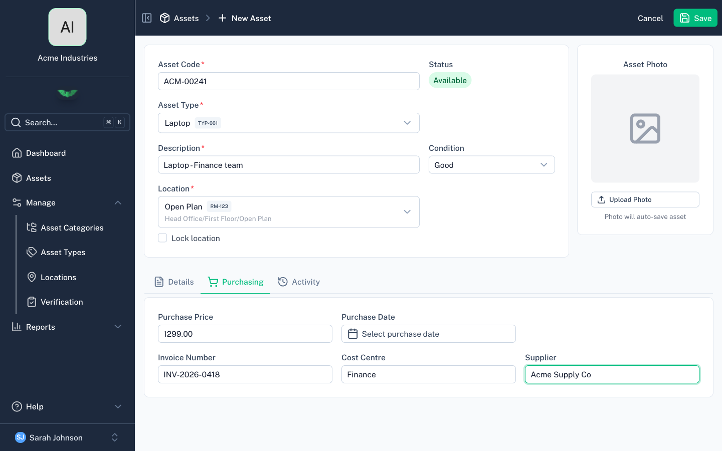 Asset form tabs